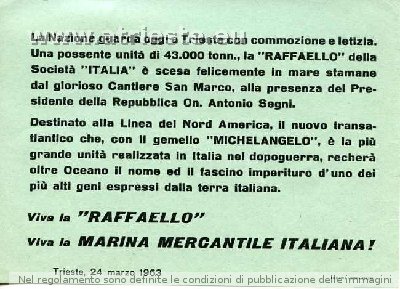 Bigliettino per il varo della Raffaello<br />24 marzo 1963