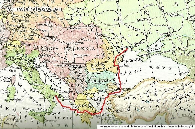 Mappa del 1914, con il percorso di rientro effettuato nel 1918. Da Odessa a Taranto.