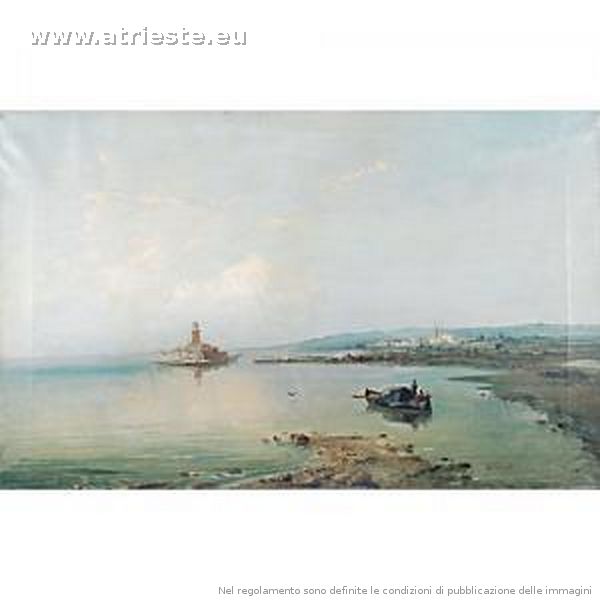 Descrizione:<br />Ruggero Berlam, Trieste 1854-1920<br />&quot;Pescatori in laguna&quot;<br />cm. 69x108 - olio su tela